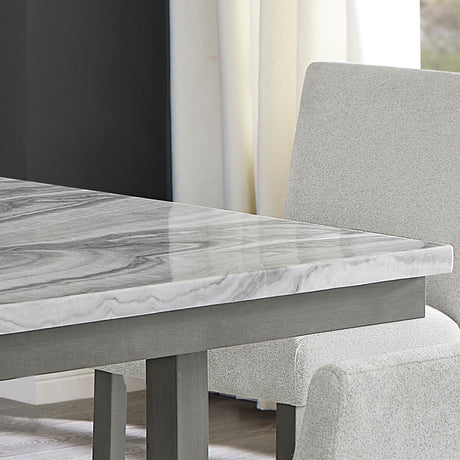 Selena 7-Piece 60' Gray Faux Marble Counter Height Dining Set with Storage Shelf & Light Gray Upholstered Chairs - sold by Home Elegance USA