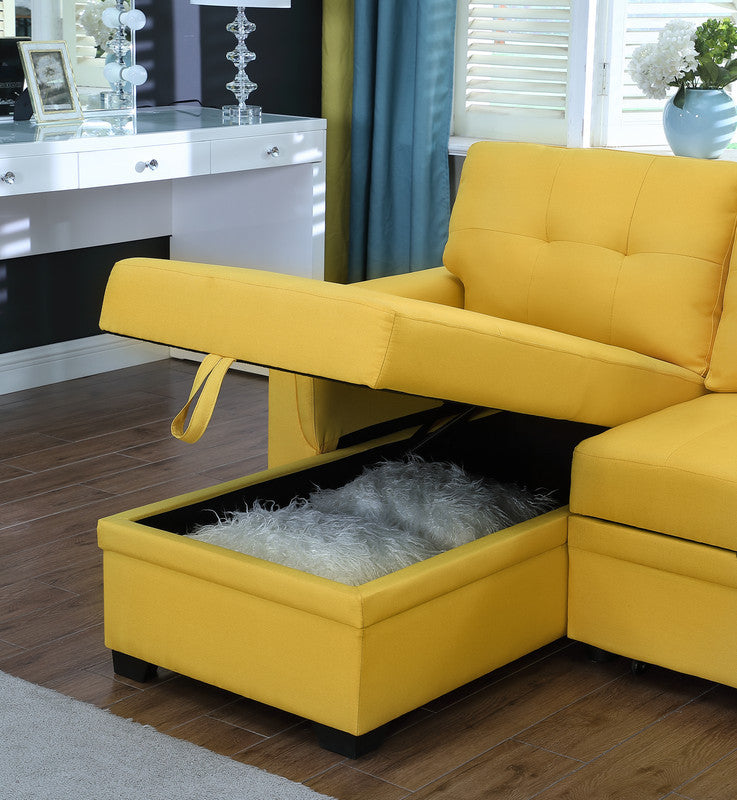 Lucca Yellow Linen Reversible Sleeper Sectional Sofa with Storage Chaise - Home Elegance USA