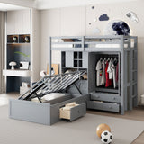 Twin Bunk Bed with Drawers, Wardrobe, Storage Shelves and Hydraulic Bed,Gray - sold by Home Elegance USA