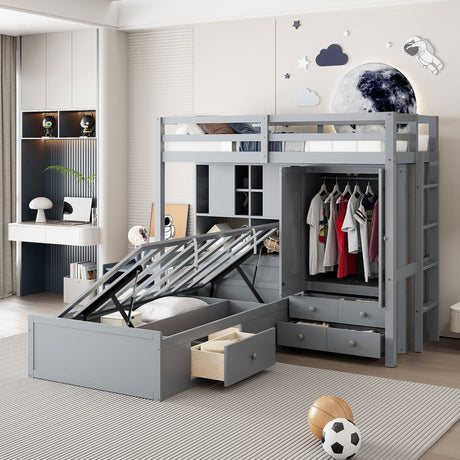 Twin Bunk Bed with Drawers, Wardrobe, Storage Shelves and Hydraulic Bed,Gray - sold by Home Elegance USA