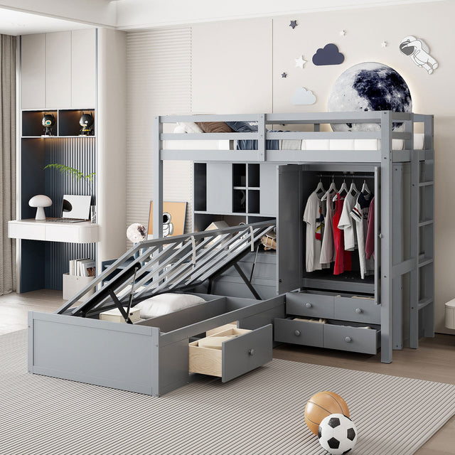 Twin Bunk Bed with Drawers, Wardrobe, Storage Shelves and Hydraulic Bed,Gray - sold by Home Elegance USA