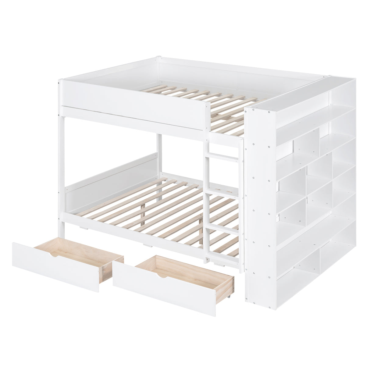 Full over Full Bunk Bed With 2 Drawers and Multi-layer Cabinet, White - Home Elegance USA