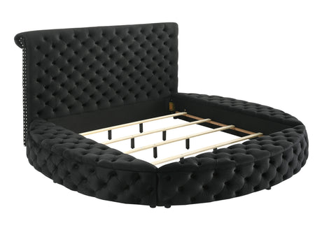 Unique Round Plush Black Velvet Button-Tufted Detailing Storage Bed King Size Black 2x Nightstands Wooden Bedroom Furniture 3pc Set - sold by Home Elegance USA
