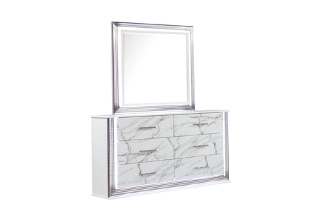 Desire Queen 5-Piece Bedroom Set – LED Upholstered Bed with Footboard Storage, Dresser, Mirror, Nightstand, and Chest in White & Marble Finish with Metallic Accents(CA INVENTORY) - sold by Home Elegance USA
