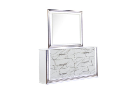 Desire Queen 5-Piece Bedroom Set – LED Upholstered Bed with Footboard Storage, Dresser, Mirror, Nightstand, and Chest in White & Marble Finish with Metallic Accents(NJ INVENTORY) - sold by Home Elegance USA