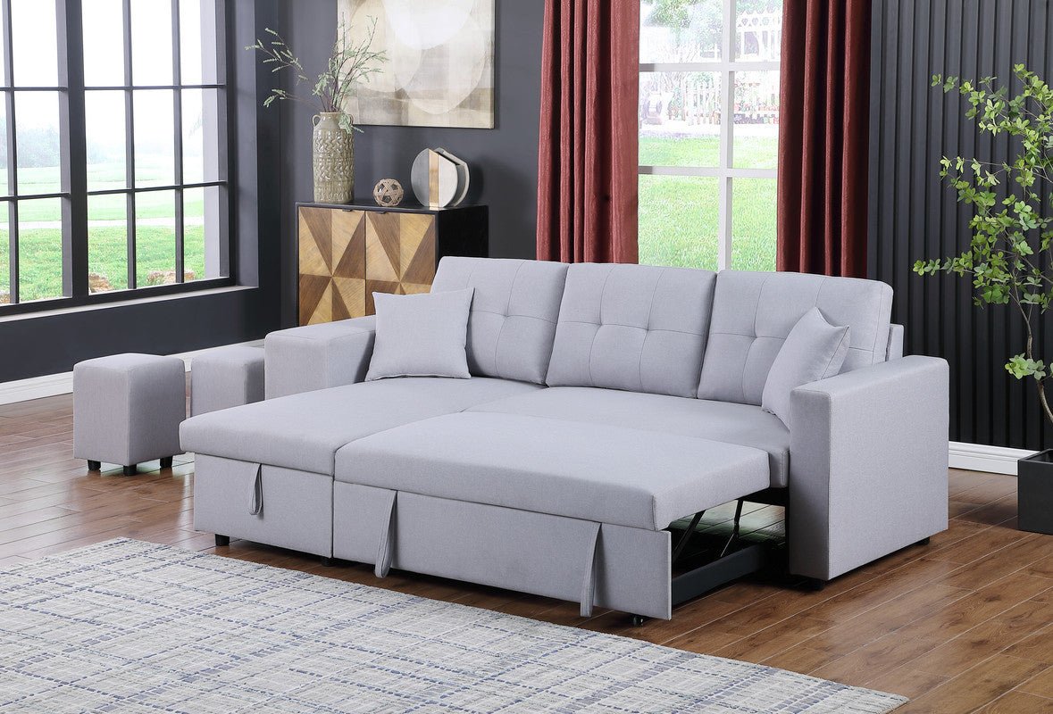 Dennis Light Gray Linen Fabric Reversible Sleeper Sectional with Storage Chaise and 2 Stools | Home Elegance USA