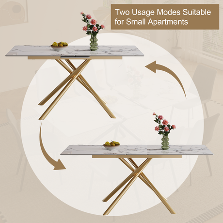Modern 59-inch Expandable Dining Table with Retractable Leaf, Charred Stone Top & Golden Carbon Steel X-Base, 4-8 Person Set with 8 Gray PU Chairs for Small Apartments, Kitchen - sold by Home Elegance USA