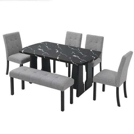 6 Piece Modern Dining Table Set, 63' Faux Marble Dining Table with Geometric Legs & 4 Upholstered Chairs & 1 Bench, Suitable for Dining Kitchen Room,Easy to Assemble, Black + Gray - sold by Home Elegance USA