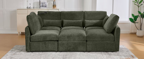 Modern Sectional Sofa Modular Sofa 85.4' U-shaped Sofa Couch Sofa Bed with Movable Ottoman, USB Ports, Phone Holder, Green Chenille - sold by Home Elegance USA