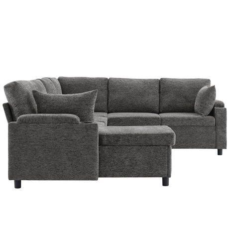 Versatile U-Shaped Sectional Sofa Bed with Storage, Cup Holders, Charging Ports in Grey Chenille - sold by Home Elegance USA