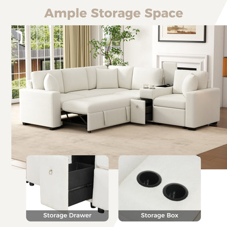 120.5' L-shaped Convertible Sofa Bed Modular Sectional Sofa Reversible Sleeper with Pull-Out Bed, Cup Holders, and Ample Storage Space for Living Room(Old SKU:N719S001940K), White - sold by Home Elegance USA