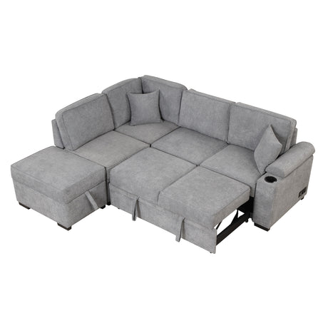 Modern Sleeper Sofa Bed with Storage Ottoman, Gray Linen, 84.75' L Shape Couch for Living Room or Apartment - sold by Home Elegance USA