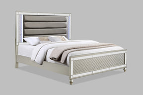 Modern Glam Style Champagne Finish King Size Panel Bed White & Blue LED Light Mirror Accents Faux Leather Upholstery Solid Wood Wooden Bedroom Furniture