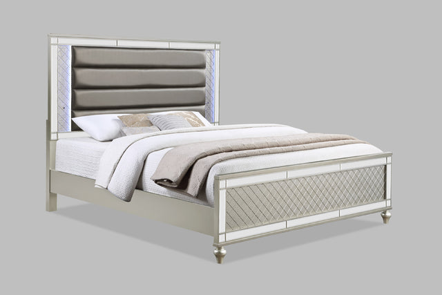 Modern Glam Style Champagne Finish King Size Panel Bed White & Blue LED Light Mirror Accents Faux Leather Upholstery Solid Wood Wooden Bedroom Furniture