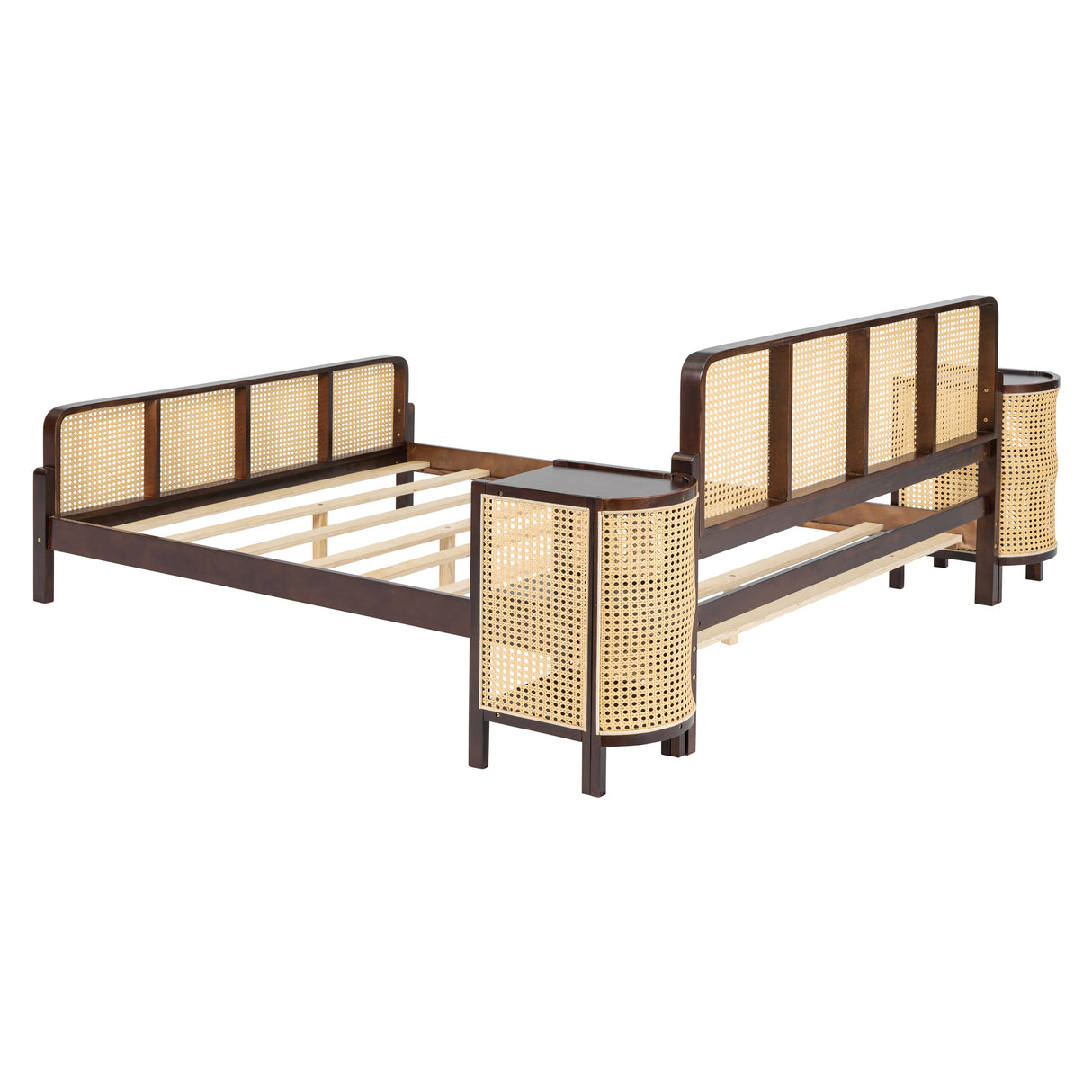3 Pieces Rattan Platform Full Size Bed With 2 Nightstands,Walnut - Home Elegance USA
