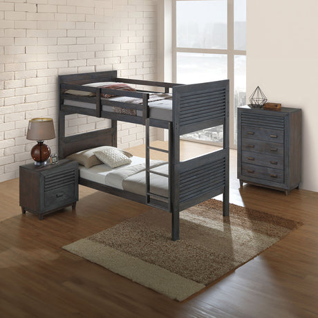 Transitional Twin Over Twin Bunk Bed With Reversible Ladder And Footboard Panel, Charcoal Brown