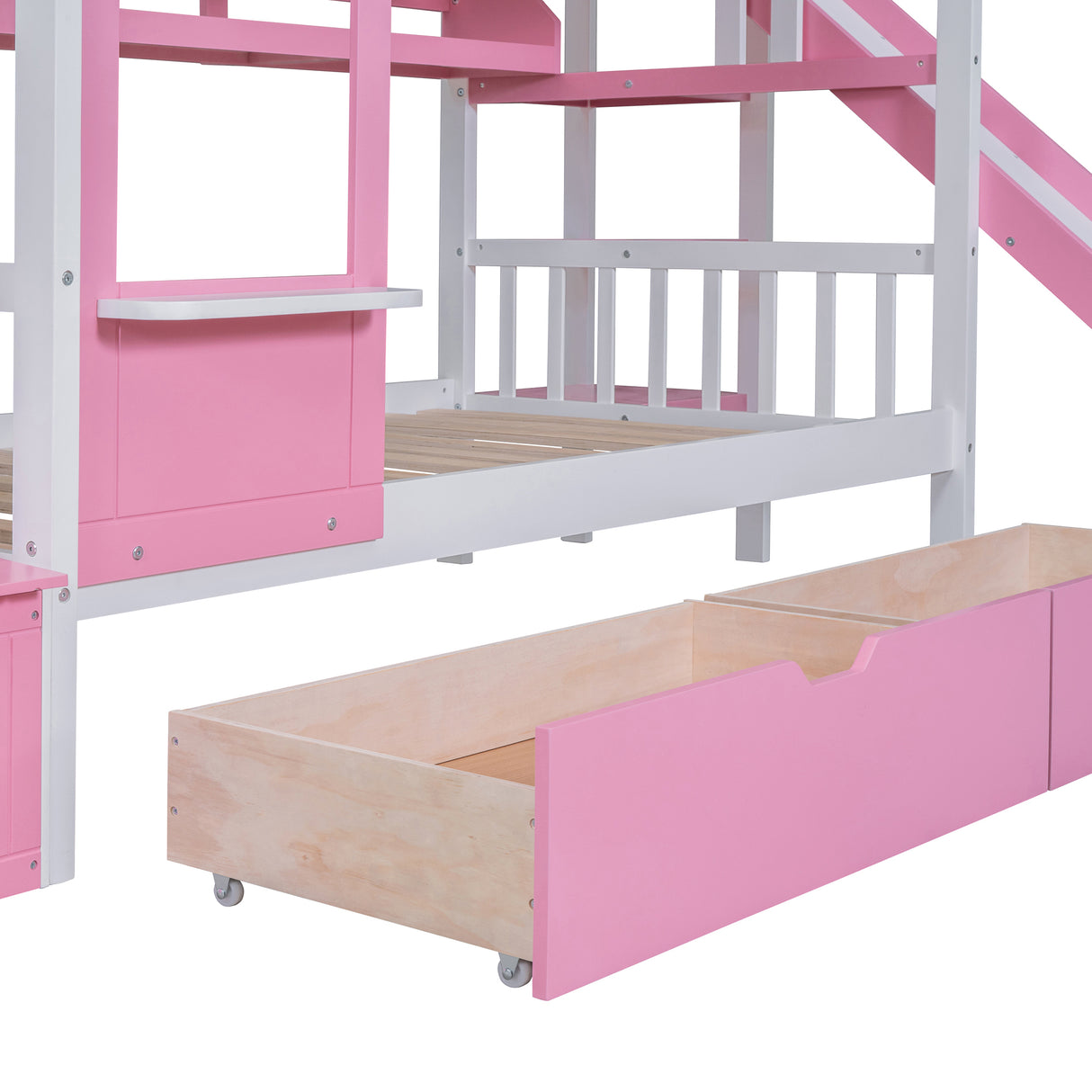 Twin-Over-Twin Castle Style Bunk Bed with 2 Drawers 3 Shelves and Slide - Pink - Home Elegance USA