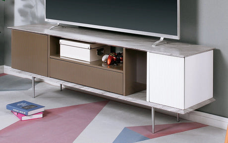 Modern Contemporary Style TV Console Base Stand Open Shelf And One Drawer Attached Ball Bearing Glides Replicated Marble On Top With High Gloss Champagne, White, And Gray Finish - sold by Home Elegance USA