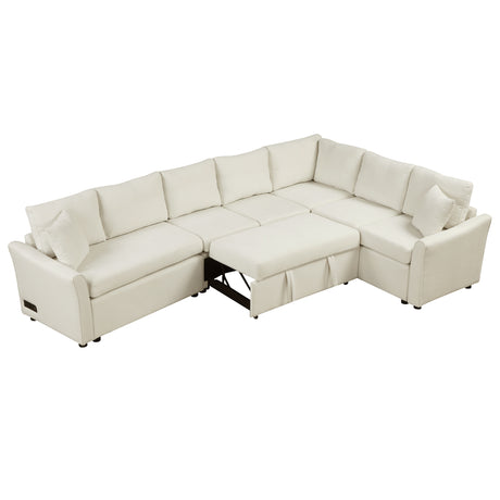 L-shaped Convertible Sofa Bed with USB Ports and Power Sockets, Beige Chenille Fabric, 124.8' Length - sold by Home Elegance USA