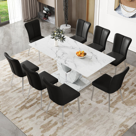 Table and chair set.Modern Simple Marble Pattern Dining Set - 71'x35.4' Table with 8 Black PU Chairs with a vertical stripe design on the backrest. Tempered glass tabletop,White Marble Pattern. - sold by Home Elegance USA