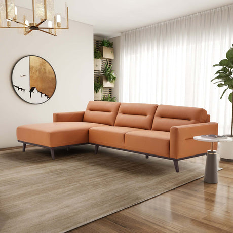 Ella Mid Century Modern L-Shaped Cognac PU Leather Left Sectional Couch with Solid Wood Frame - sold by Home Elegance USA