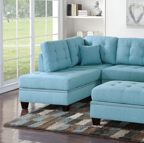 Modern Blue Color 3pcs Sectional Living Room Furniture Reversible Chaise Sofa And Ottoman Tufted Polyfiber Linen Like Fabric Cushion Couch Pillows - sold by Home Elegance USA