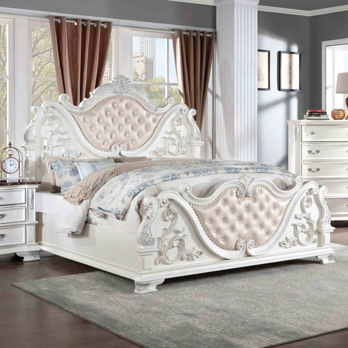 Pearl White Traditional Queen Size Bed Tufted HB Luxury Look 1pc Bed Bedroom Furniture Wooden
