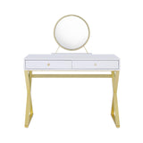 Rectangular Vanity Desk with Mirror and Jewelry Tray, White and Gold