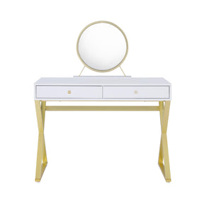 Rectangular Vanity Desk with Mirror and Jewelry Tray, White and Gold