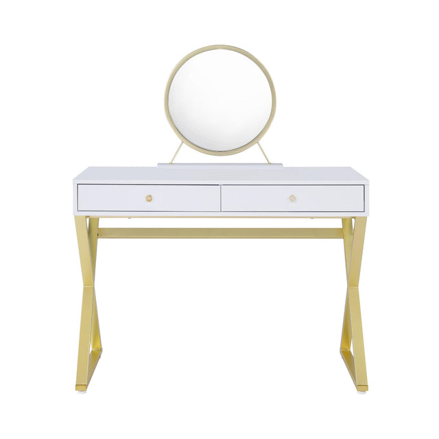 Rectangular Vanity Desk with Mirror and Jewelry Tray, White and Gold