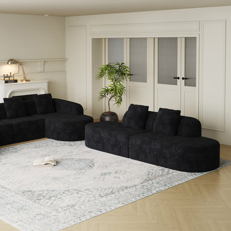111.8-inch L-shaped curved modular sofa, modern design featuring lychee-textured long-pile polyester fabric, curved backrest with three pillows - sold by Home Elegance USA