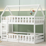 Twin over Twin House Bunk Bed with Fence and Door, White(Old SKU:WF313047AAK)