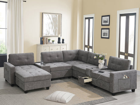 Modern Chenille U-Shaped Sectional Sofa with Acrylic Table Top, USB Charger, Storage Drawers, and Movable Ottoman in Gray - sold by Home Elegance USA