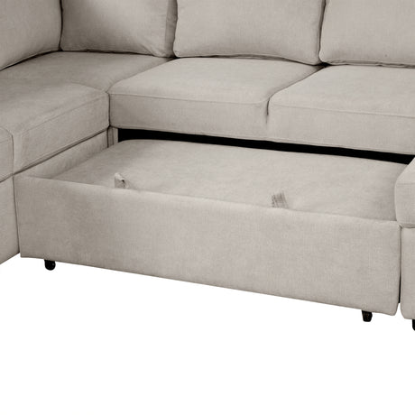 Beige Chenille U-Shaped Sectional Sofa with Pull-out Bed, USB Ports, Storage Chaise & Back Pillows - sold by Home Elegance USA