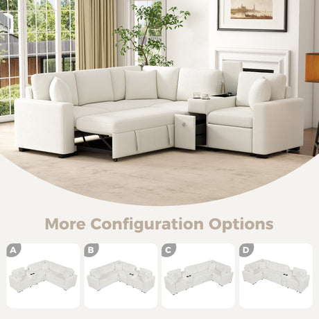 120.5' L-shaped Convertible Sofa Bed Modular Sectional Sofa Reversible Sleeper with Pull-Out Bed, Cup Holders, and Ample Storage Space for Living Room(Old SKU:N719S001940K), White - sold by Home Elegance USA