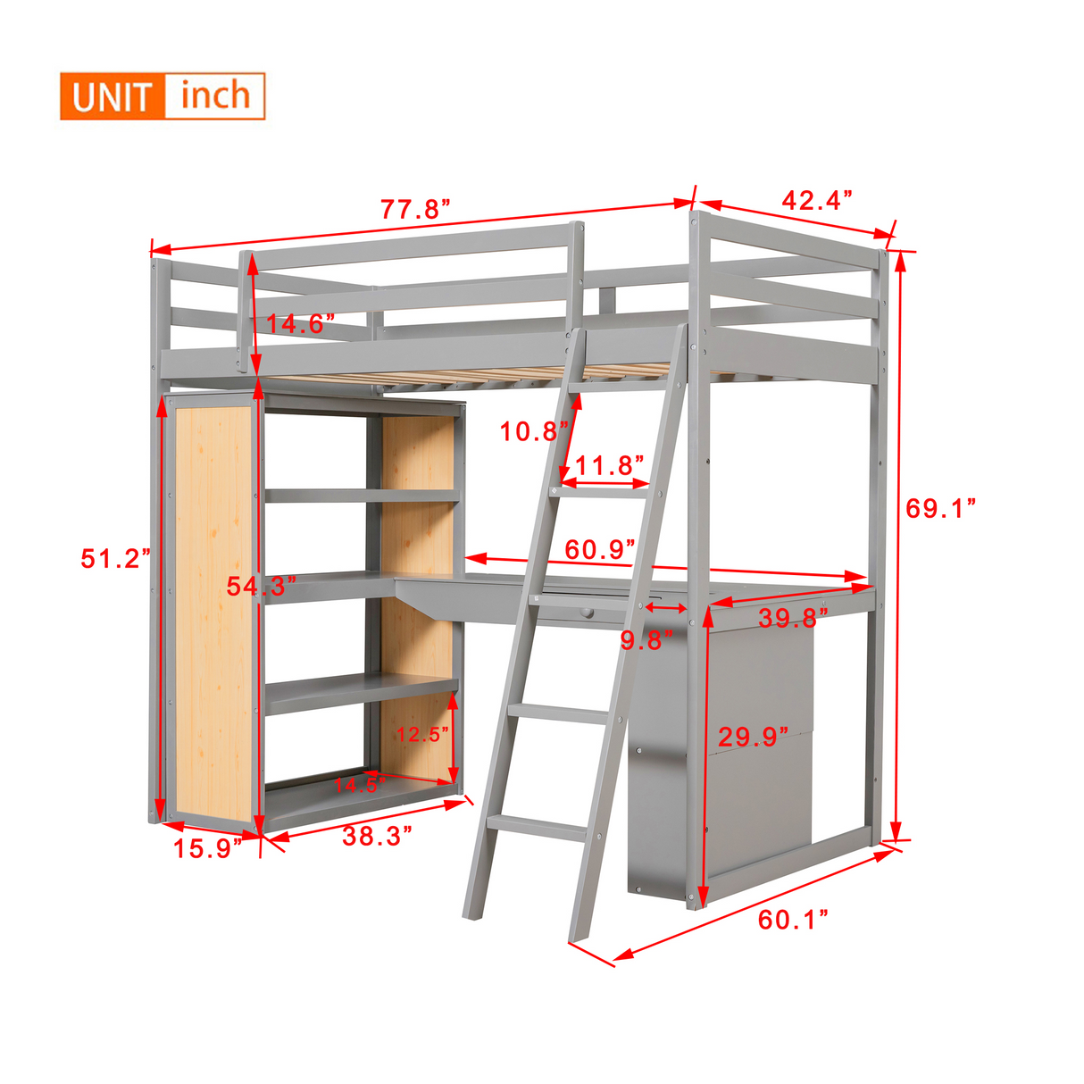 Twin Size Loft Bed with Ladder, Shelves, and Desk, Gray(LT000225AAE) - Home Elegance USA