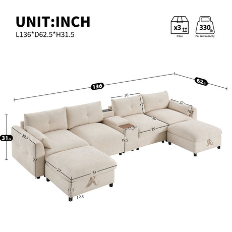 136'' Modular Sectional Sofa with Console, Cup Holder, USB Charger, Movable Storage Ottoman, Pull-line&Tufted Design, U-Shaped Oversized Chenille Sofa for Living Room&Apartment,2 Colors - sold by Home Elegance USA