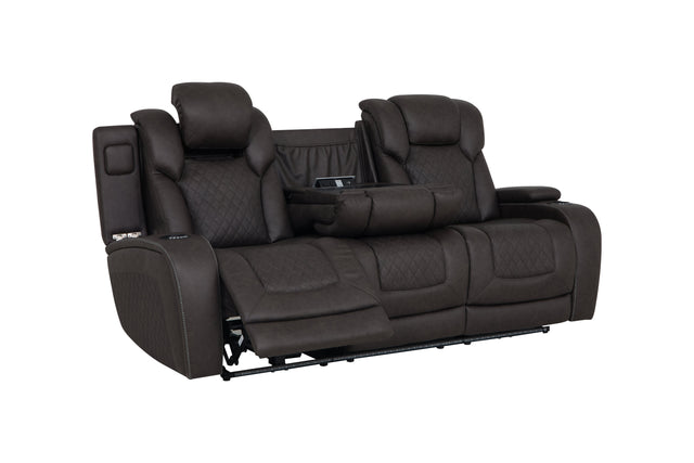 Wendell Dark Gray Microfiber Power Motion Sofa w/Dropdown Table, Storage, USB & LED