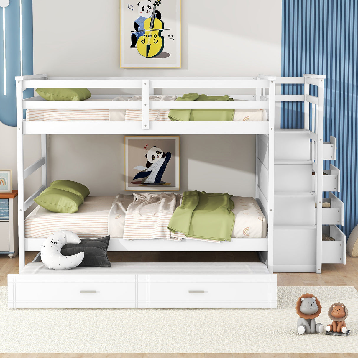 Full Over Full Bunk Bed with Twin Size Trundle and Staircase, White - Home Elegance USA