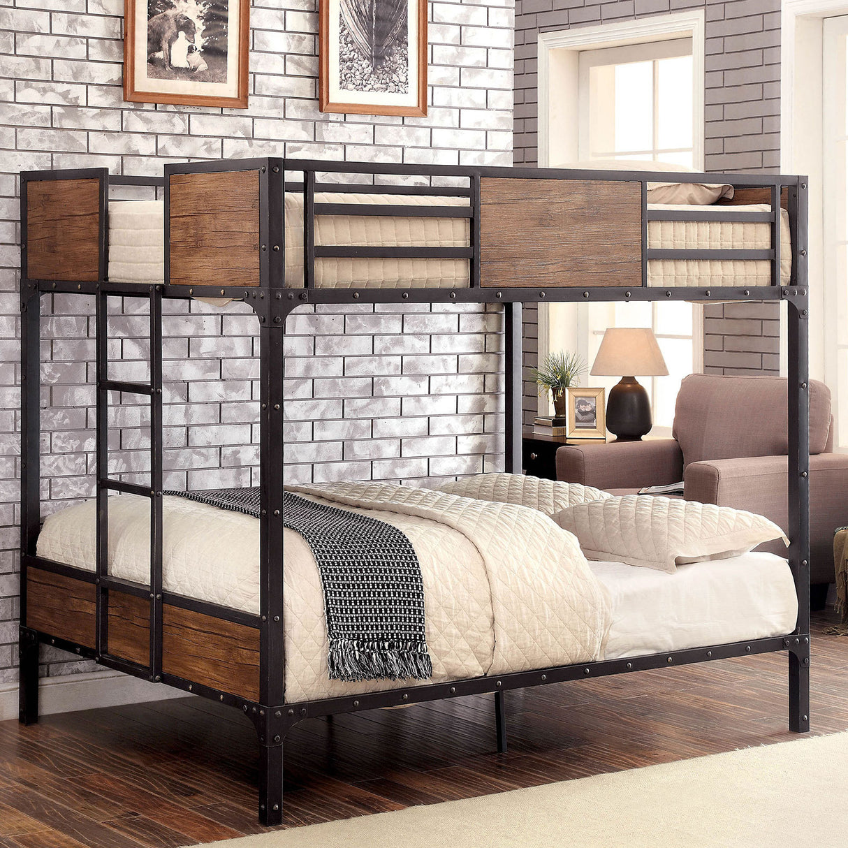 Industrial Style Metal Structure Bunk Bed Full Over Full With Wood Panels Attached Ladder Nialhead Trim Back Finish
