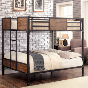 Industrial Style Metal Structure Bunk Bed Full Over Full With Wood Panels Attached Ladder Nialhead Trim Back Finish
