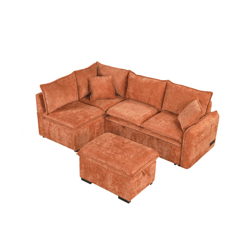 Convertible L-shaped Sofa Bed with Storage Ottoman, Power Sockets & USB Ports, Orange Chenille, 82.67' - sold by Home Elegance USA