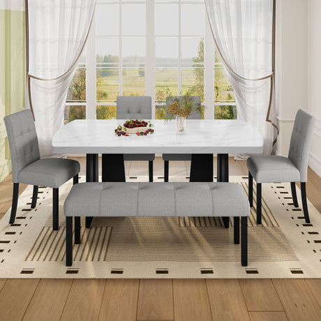 6 Piece Modern Dining Table Set, 63' Faux Marble Dining Table with Geometric Legs & 4 Upholstered Chairs & 1 Bench, Suitable for Dining Kitchen Room,Easy to Assemble, White+Gray - sold by Home Elegance USA