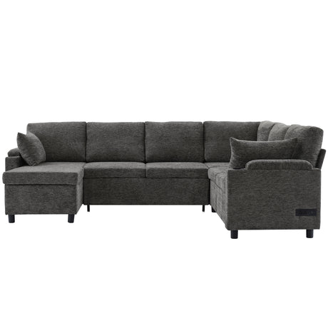 Versatile U-Shaped Sectional Sofa Bed with Storage, Cup Holders, Charging Ports in Grey Chenille - sold by Home Elegance USA