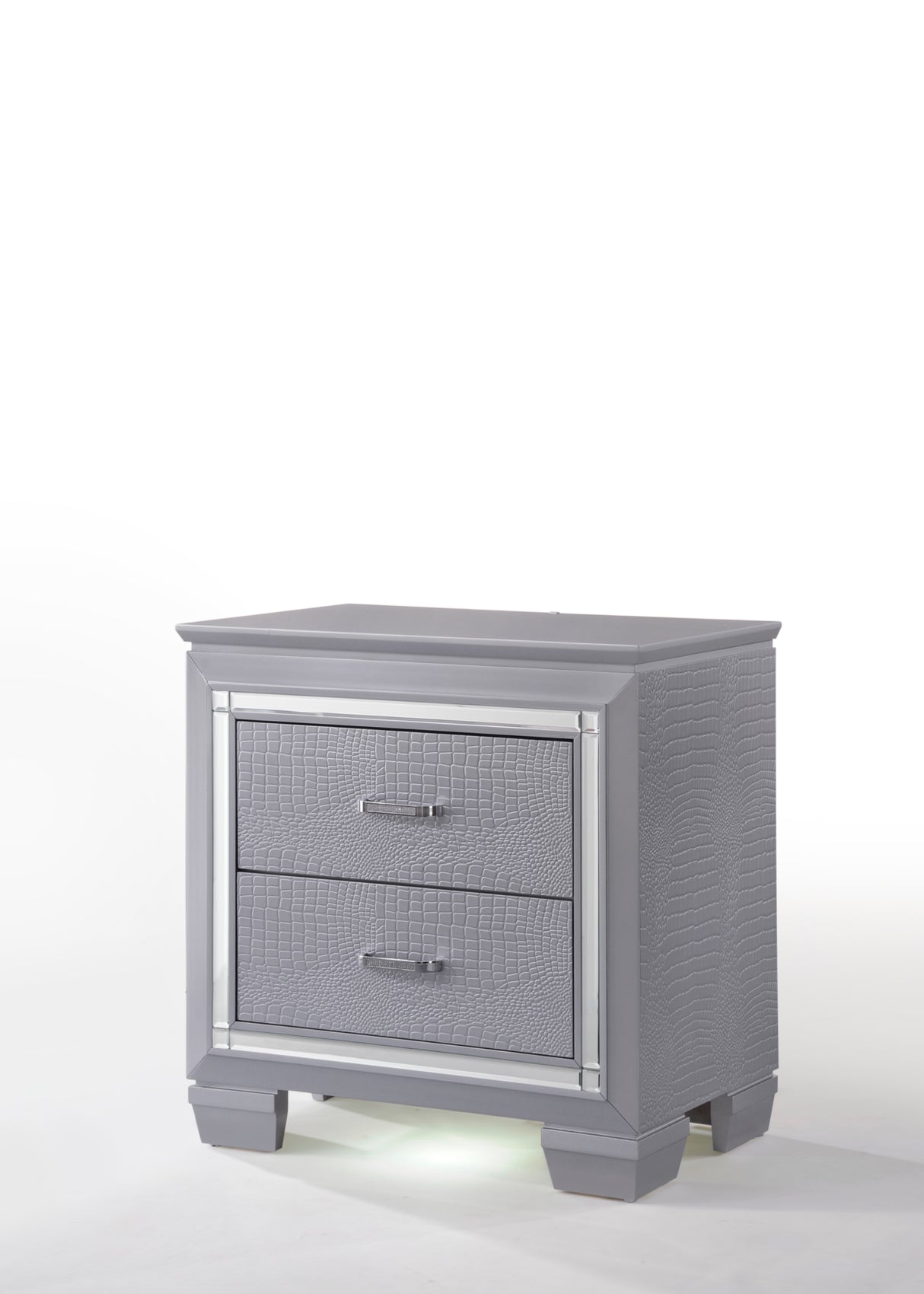 1pc Modern Two Drawer LED Lights Beveled Mirror Accents Chrome Finish Hardware Faux Crystal Accent Silver Finish