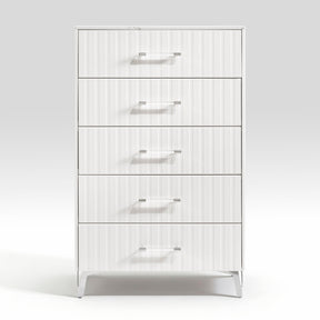 Glam White Chest of 5x Storage Drawers Faux Marble Laminated Top Chrome Metal Legs Bedroom Furniture 1pc