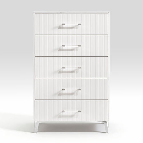 Glam White Chest of 5x Storage Drawers Faux Marble Laminated Top Chrome Metal Legs Bedroom Furniture 1pc