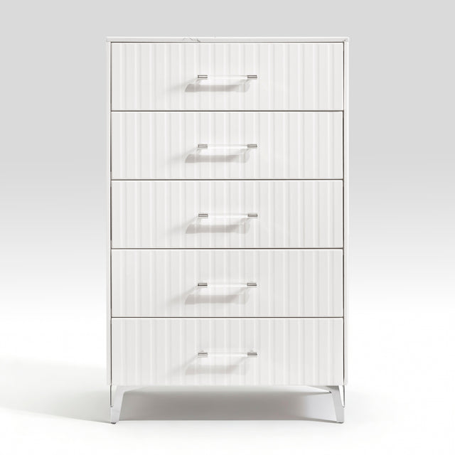 Glam White Chest of 5x Storage Drawers Faux Marble Laminated Top Chrome Metal Legs Bedroom Furniture 1pc