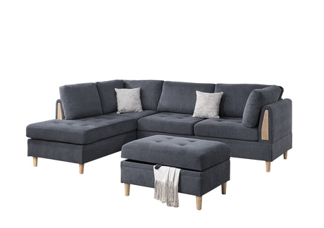 3-PCS Reversible Sectional Set Living Room Furniture Charcoal Color Chenille Couch Sofa, Reversible Chaise Ottoman - sold by Home Elegance USA