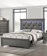 Dark Gray Faux Leather Tufted Headboard 1pc Eastern King Size Bed w LED Bedroom Furniture Gray Unique Texture FB Solid wood